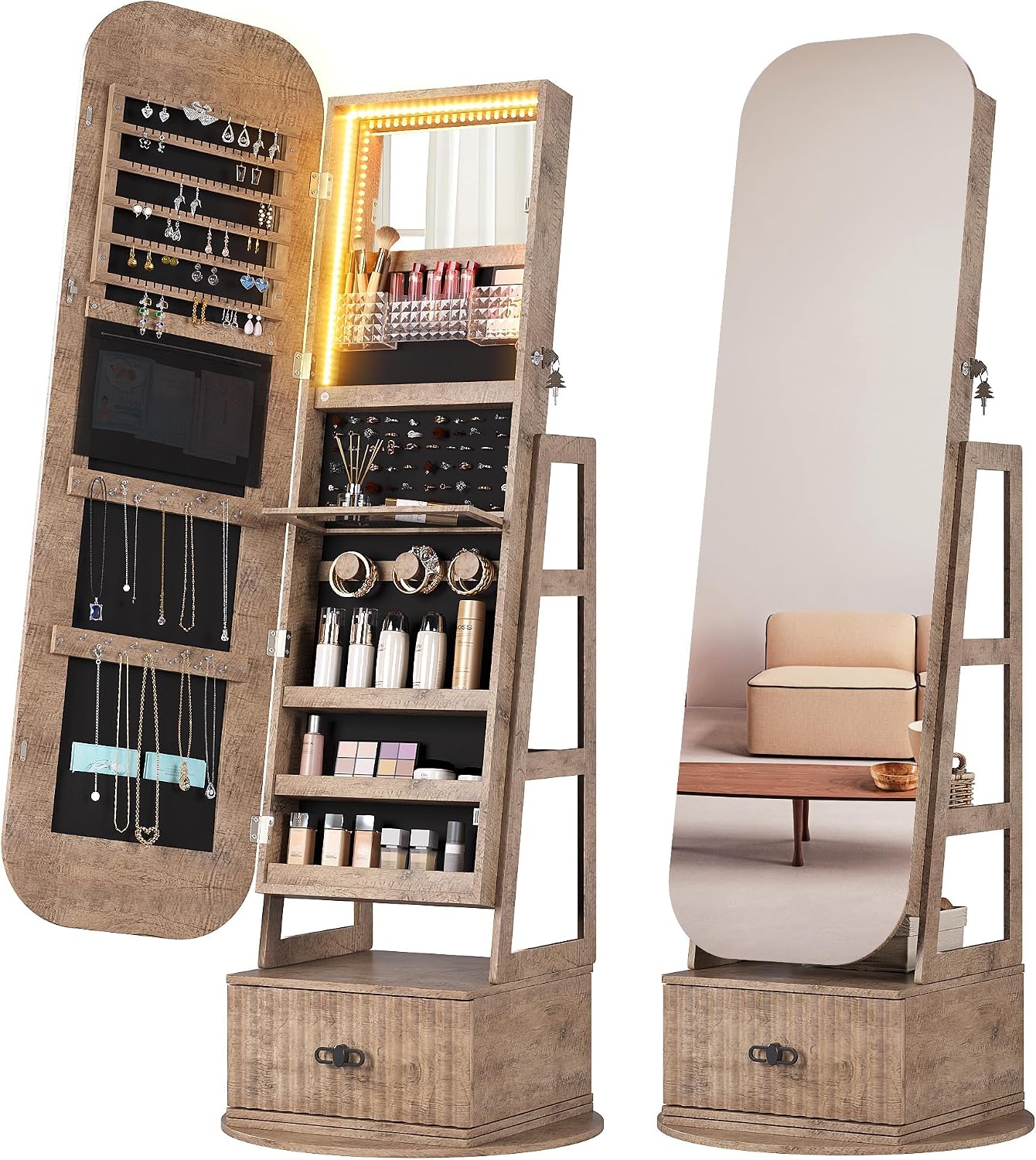 Full Length Mirror Jewelry Armoire - 360度回転式ジュエリーアルモアオーガナイザー 全身鏡付き
