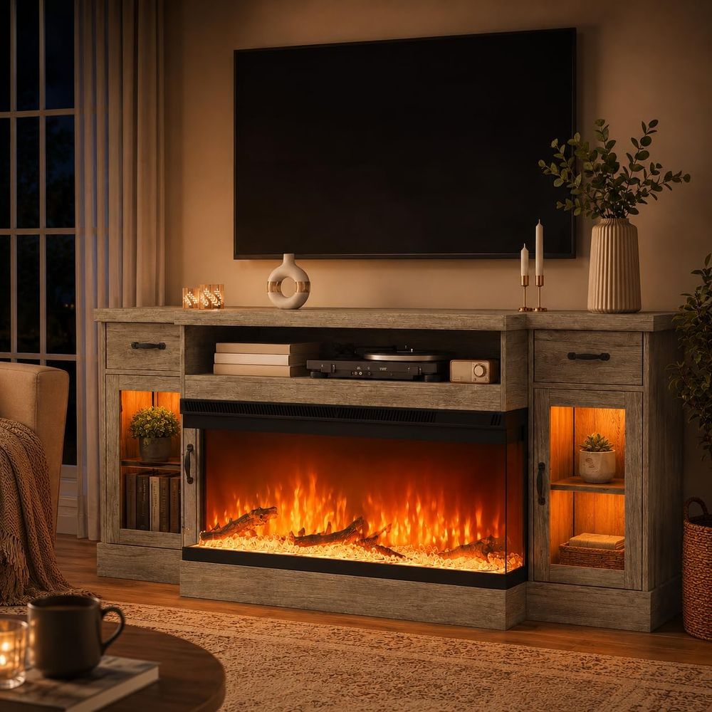 Storage - 70インチのテレビスタンドまたは最大80インチまでのテレビに対応、3面ガラス電気式暖炉付きアーハウスエンターテイメントセンター、2つの引き出し、収納キャビネット