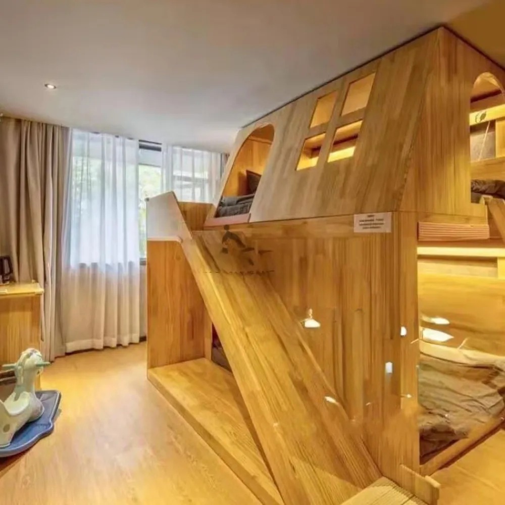 Bunk Bed With Stairs And Slide - アメリカ製無垢材キッズツリーハウス二段ベッドプリンセスキャッスルロフトベッド、スライド＆はしご付き、寝室用シークレットベースデザイン