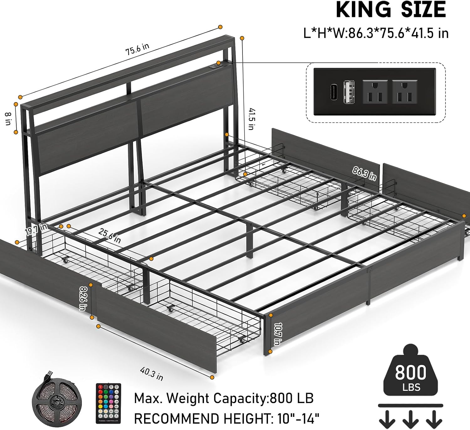 キングサイズベッドフレーム、LEDライト付きヘッドボードと4 - King Size Bed Frame With Storage Drawers のレビューと価格