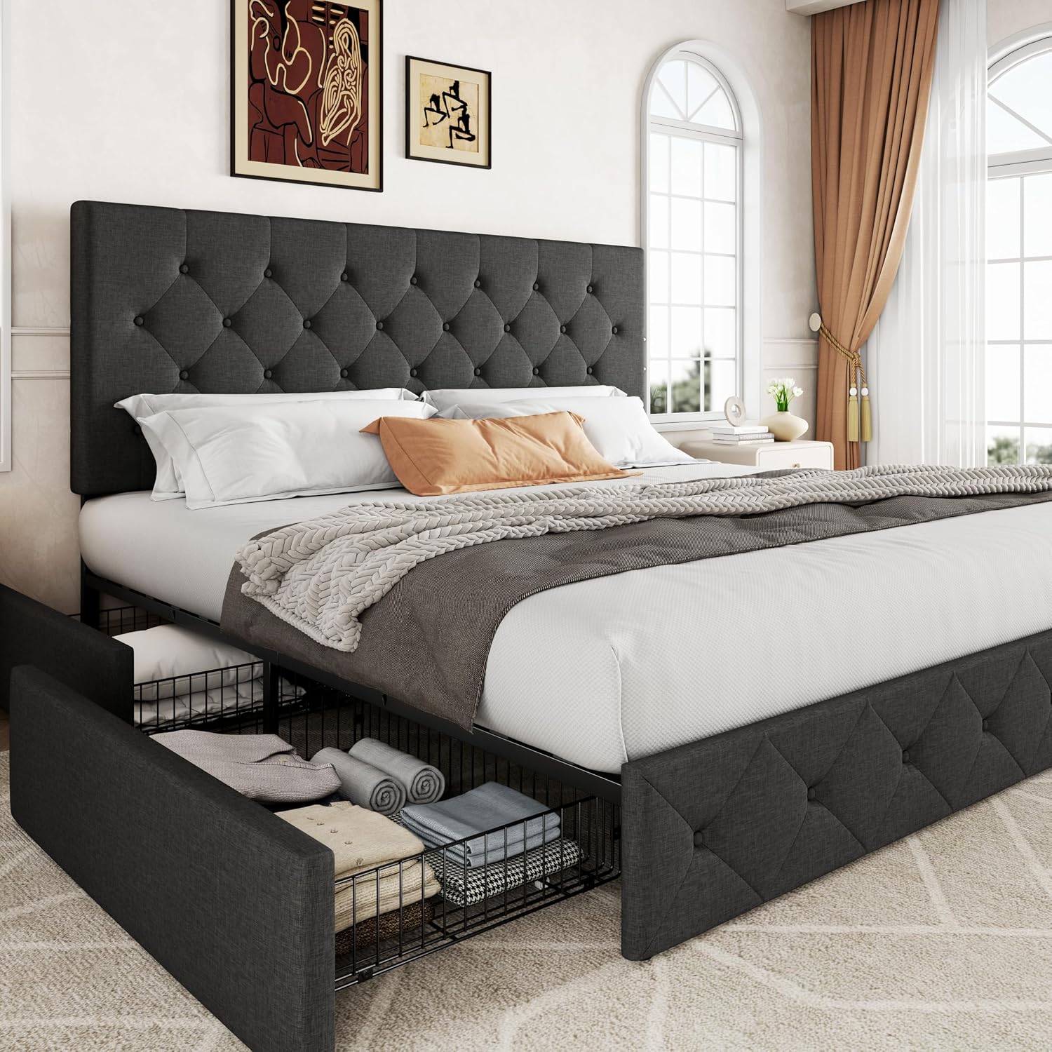 キングサイズの布張りプラットフォームベッドフレーム、4つの収 - King Size Bed Frame With Storage Drawers のレビューと価格