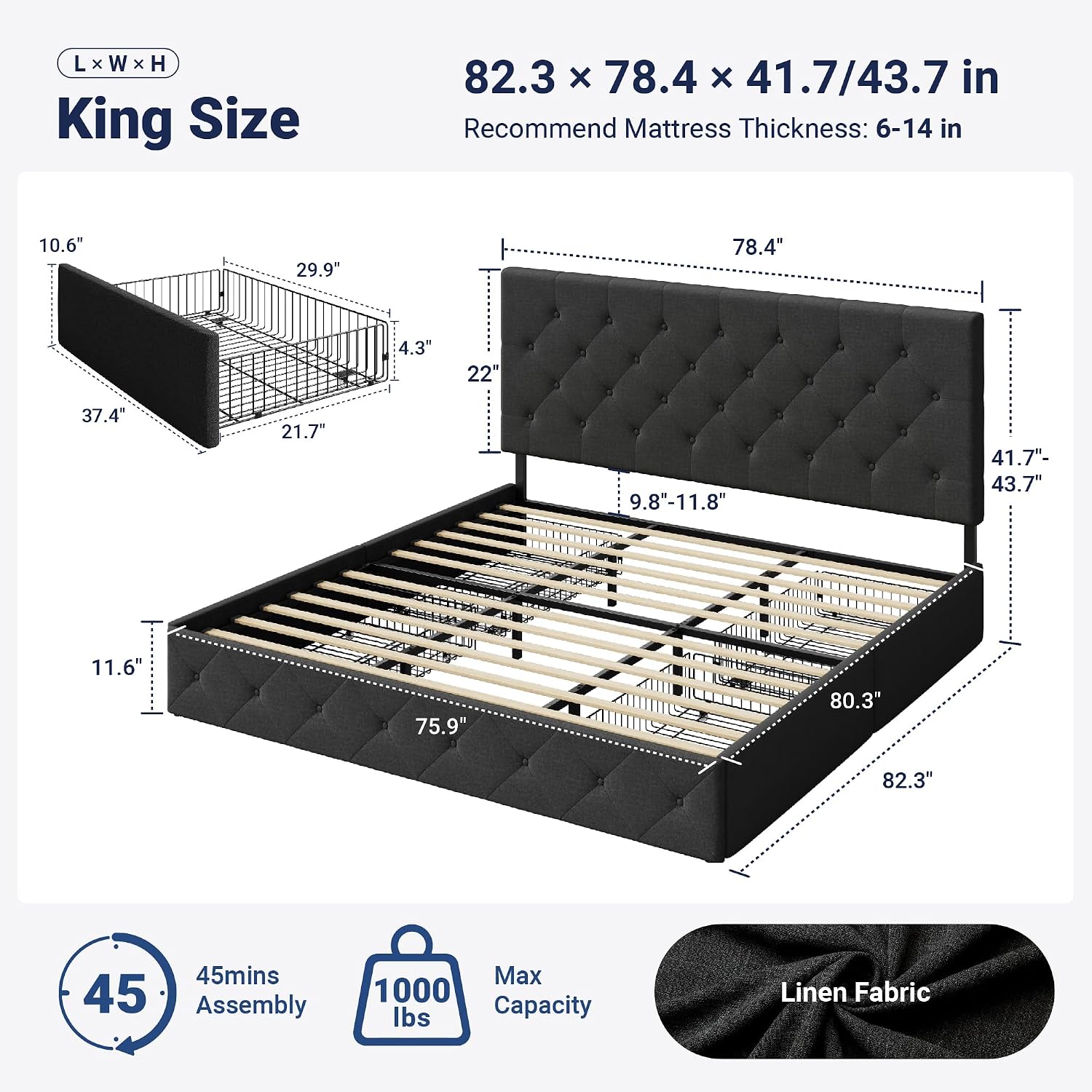 キングサイズの布張りプラットフォームベッドフレーム、4つの収 - King Size Bed Frame With Storage Drawers のレビューと価格