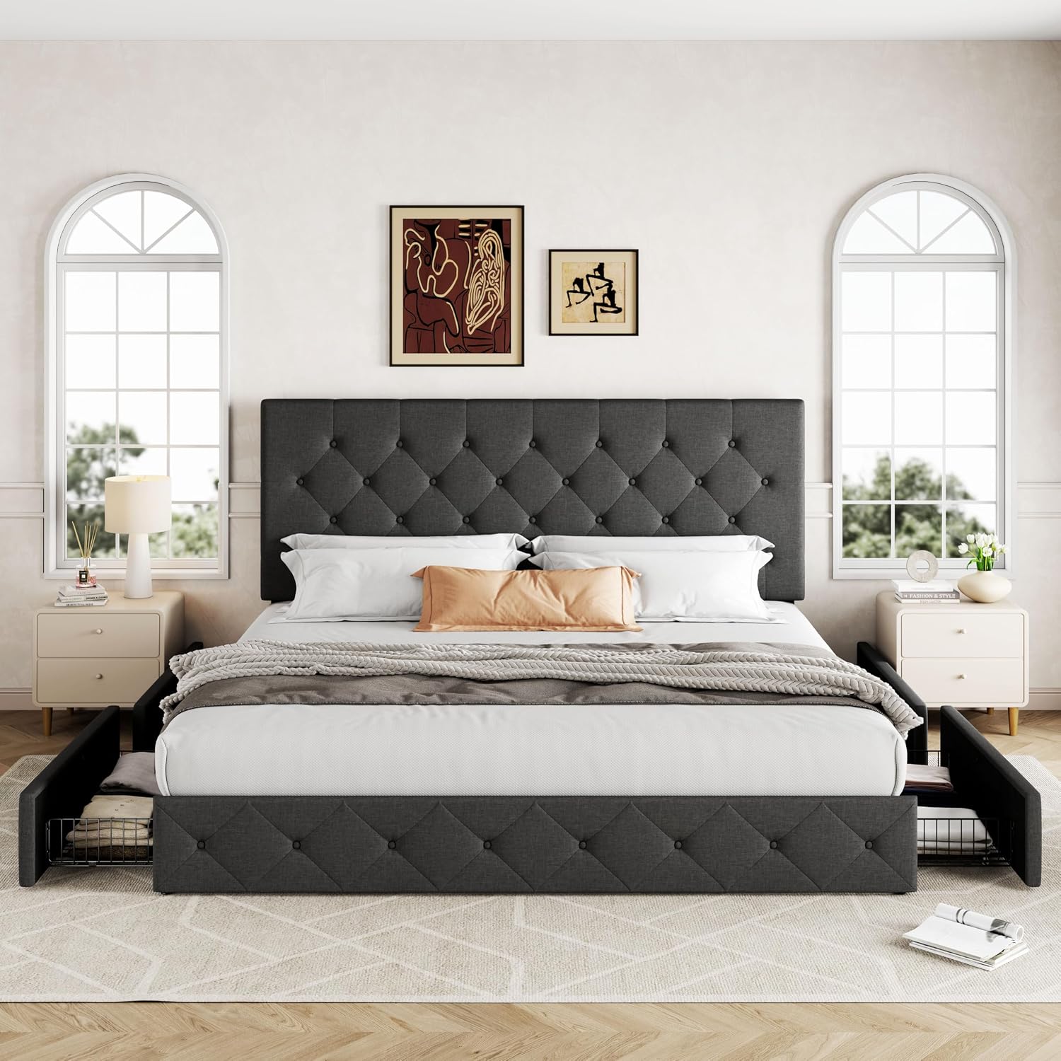 キングサイズの布張りプラットフォームベッドフレーム、4つの収 - King Size Bed Frame With Storage Drawers のレビューと価格