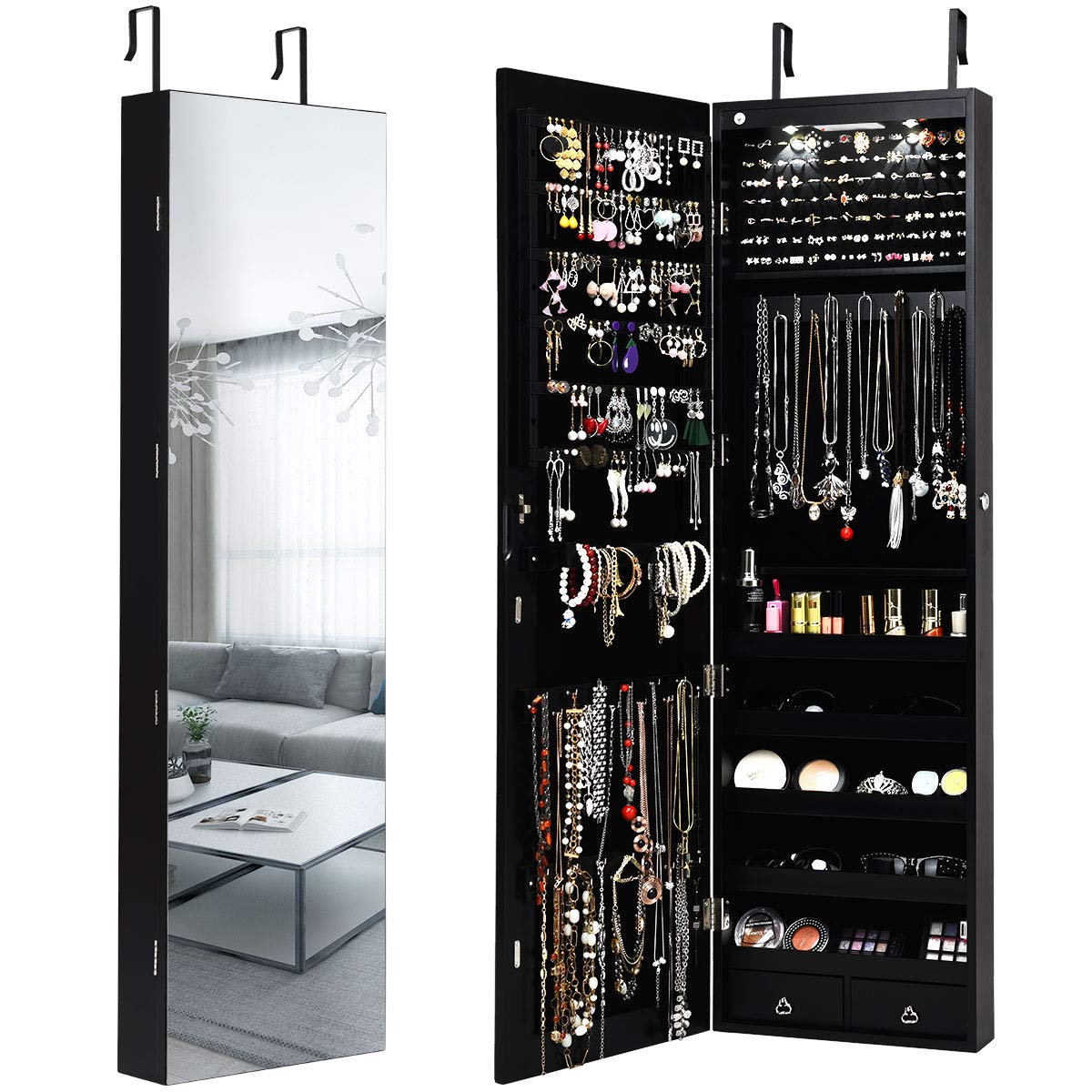 壁掛けまたはドア掛け式の全身鏡付きジュエリー収納キャビネット - Full Length Mirror Jewelry Armoire のレビューと価格