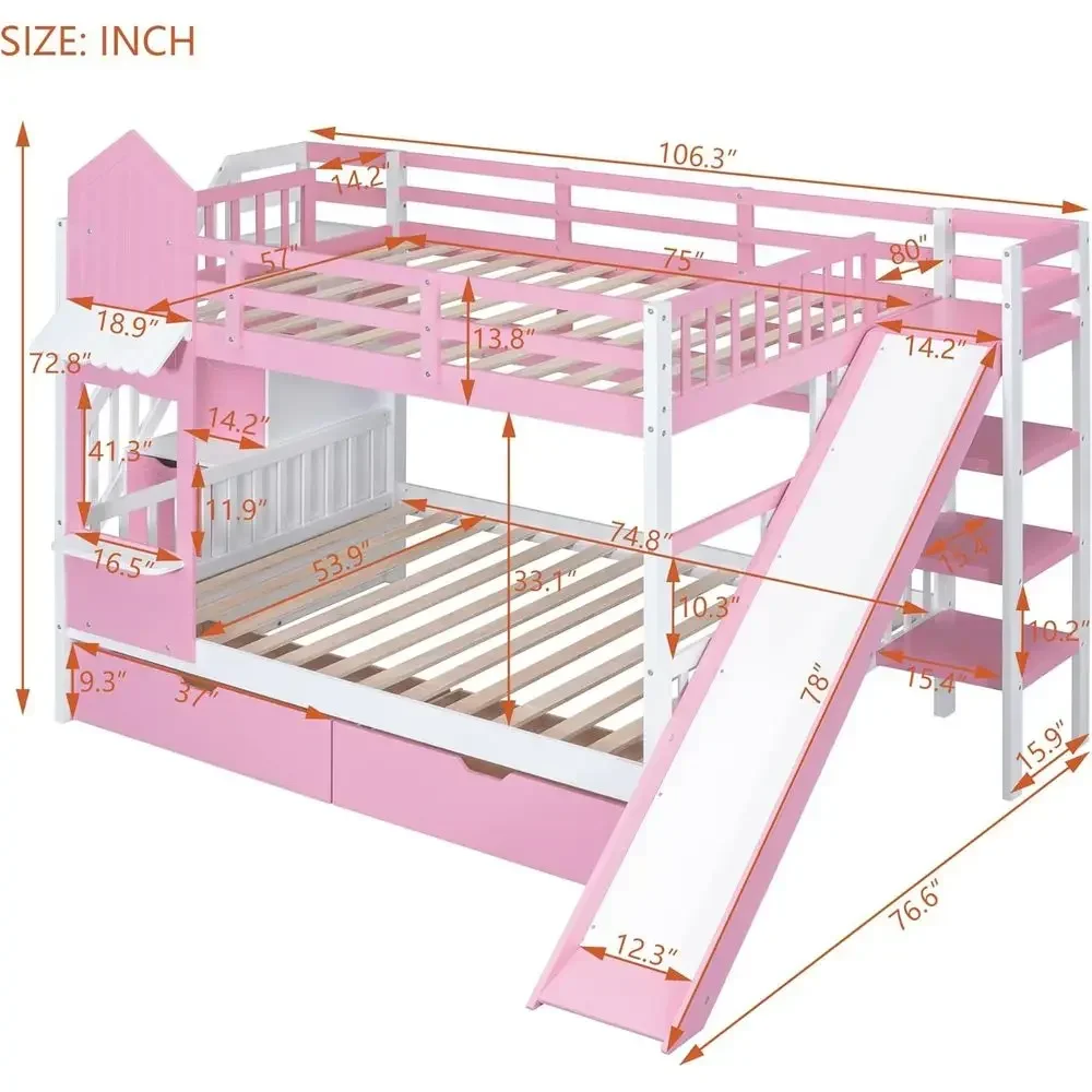 階段、滑り台、収納引き出し付きの子供用二段ベッド。お城風のデ - Bunk Bed With Stairs And Slide のレビューと価格