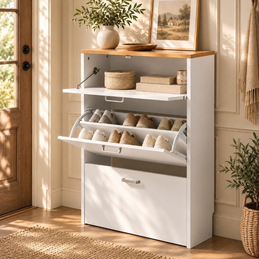 玄関用の靴収納キャビネット、白、小型、スリムな靴棚、幅25イ - Shoe Rack Cabinet Narrow Entryway のレビューと価格