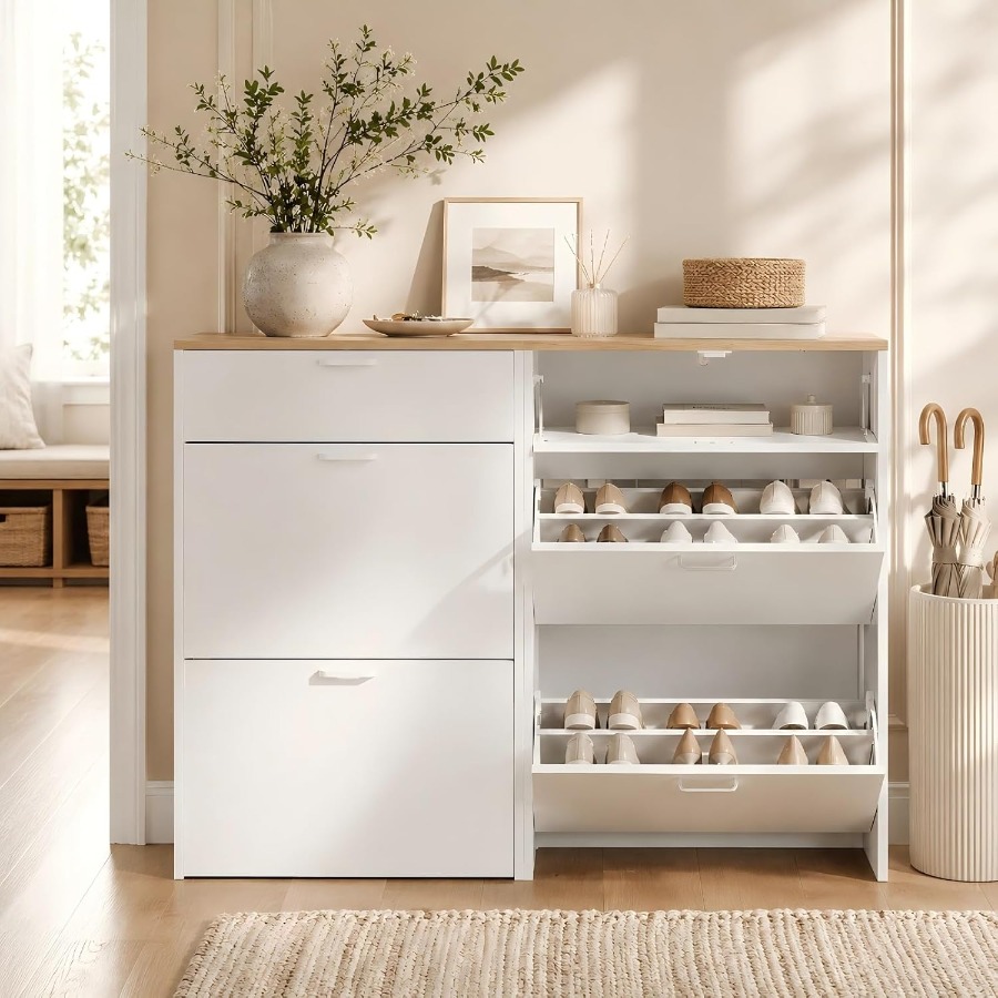 玄関用の靴収納キャビネット、白、小型、スリムな靴棚、幅25イ - Shoe Rack Cabinet Narrow Entryway のレビューと価格
