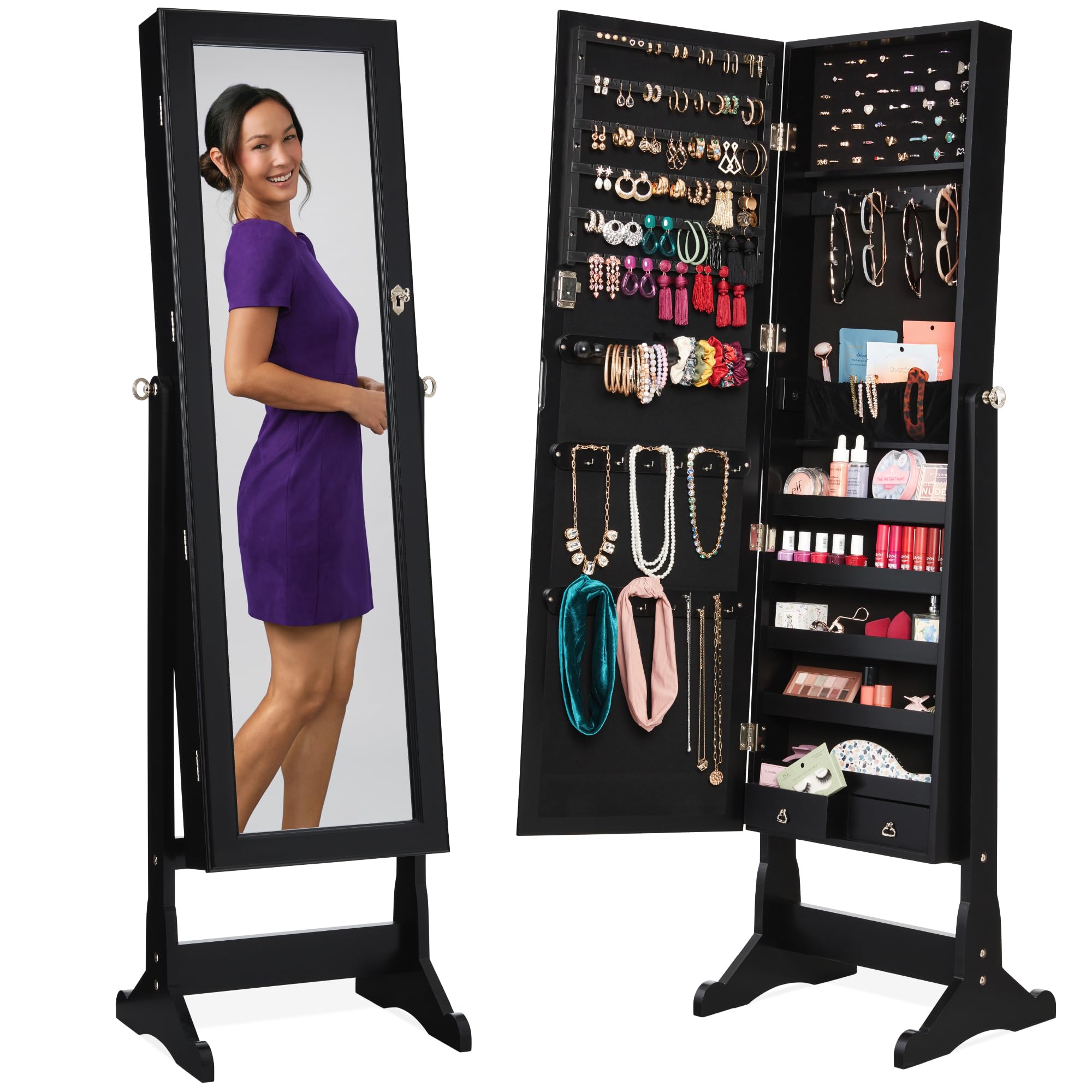 自立式のジュエリー収納キャビネット、全身鏡、鍵付きの化粧品収 - Full Length Mirror Jewelry Armoire のレビューと価格
