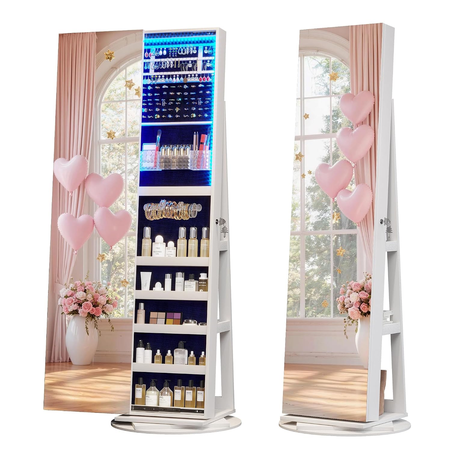 360 °   照明付きの回転式ジュエリーミラーキャビネット - Full Length Mirror Jewelry Armoire のレビューと価格