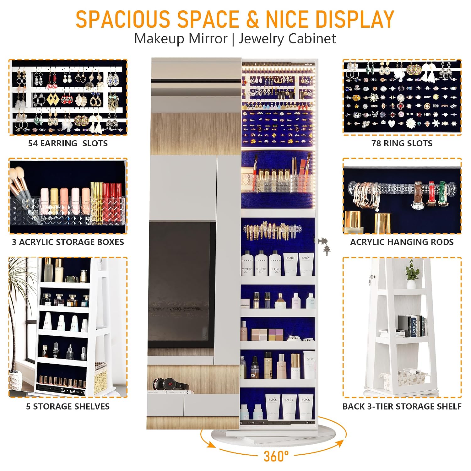 360 °   照明付きの回転式ジュエリーミラーキャビネット - Full Length Mirror Jewelry Armoire のレビューと価格