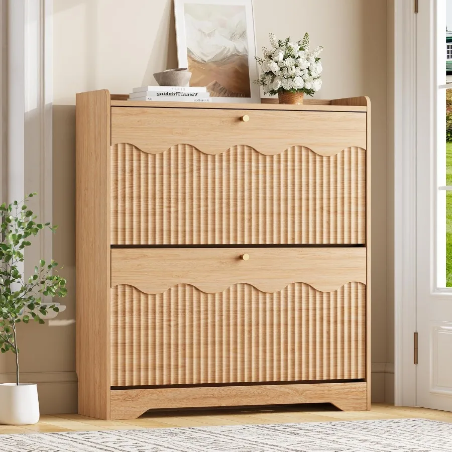 モダンな波型エッジ加工が施されたパネルを備えた靴収納キャビネ - Shoe Rack Cabinet Narrow Entryway のレビューと価格