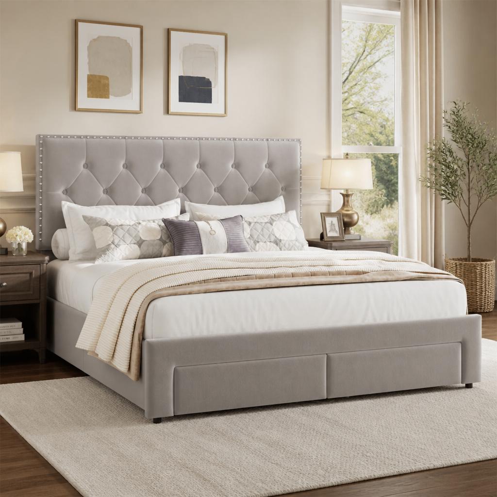 キングサイズのベッドフレーム。収納引き出し2つ付き。アンティ - King Size Bed Frame With Storage Drawers のレビューと価格