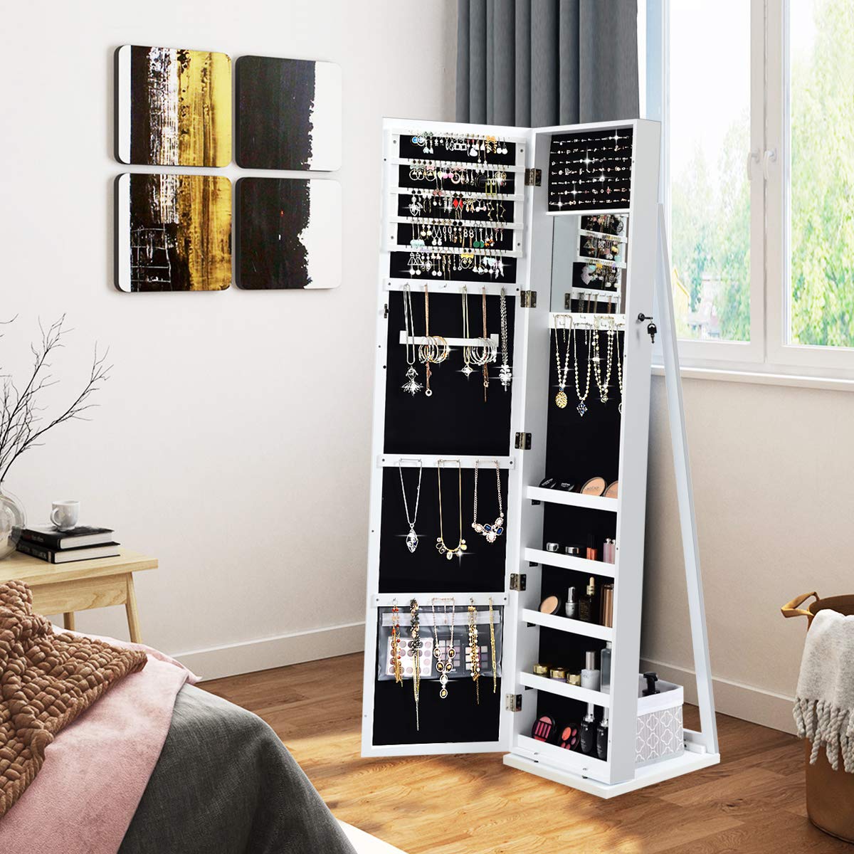 全身鏡付きの自立式ジュエリー収納キャビネット、鍵付き - Full Length Mirror Jewelry Armoire のレビューと価格