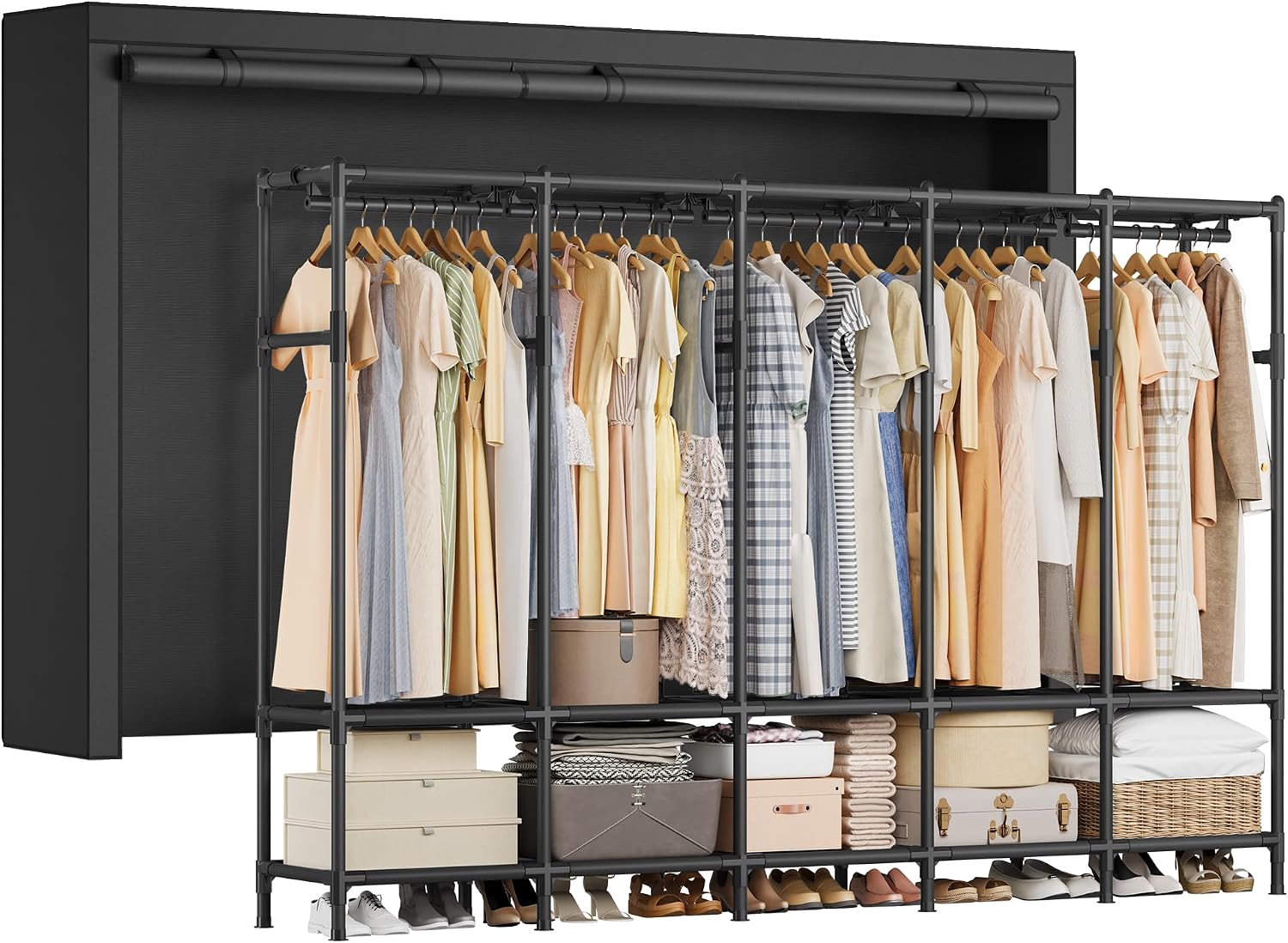 ポータブルワードローブクローゼット 83.5インチ、5本のハ - Wardrobe Closet Portable Fabric Cover のレビューと価格