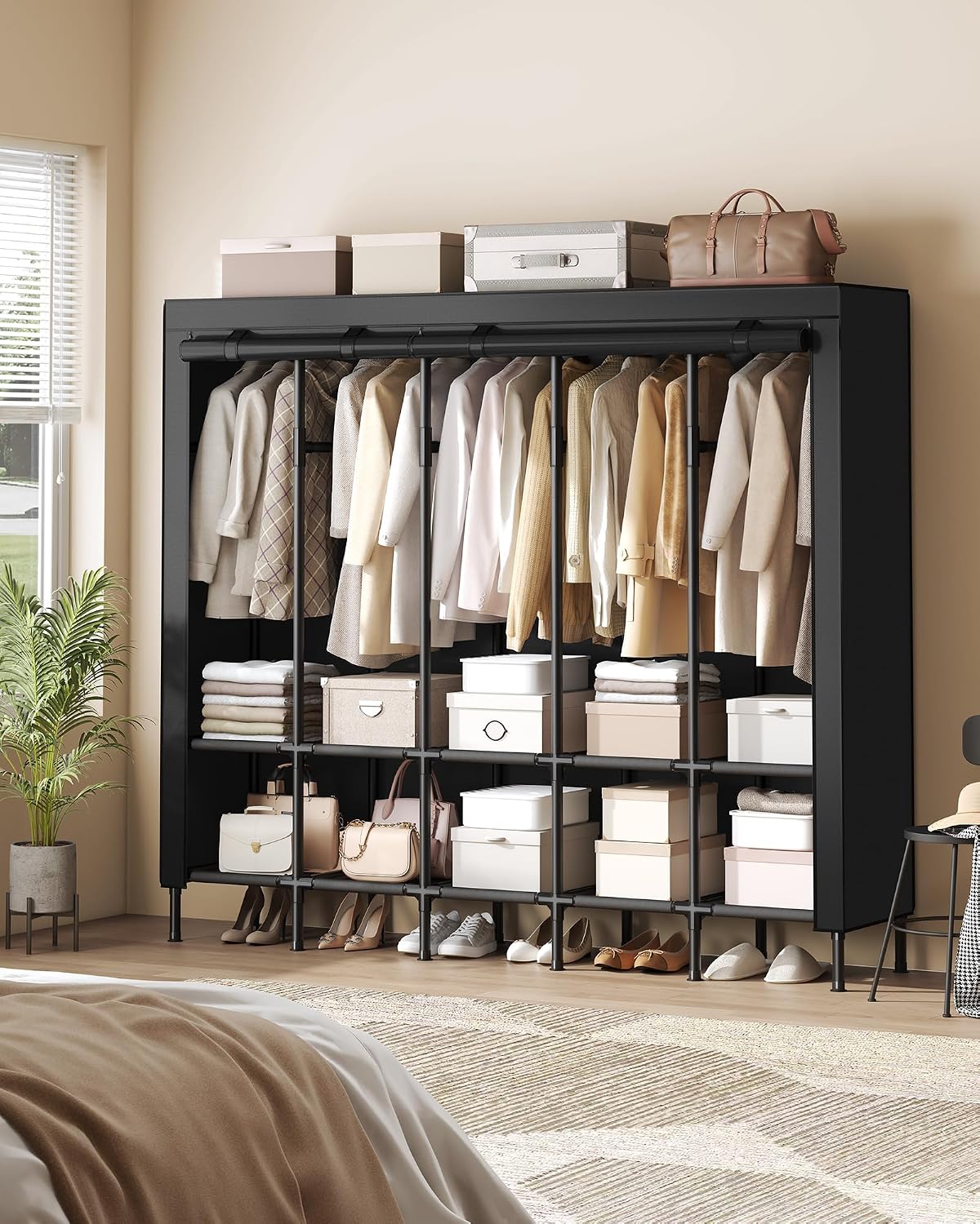 ポータブルワードローブクローゼット 83.5インチ、5本のハ - Wardrobe Closet Portable Fabric Cover のレビューと価格