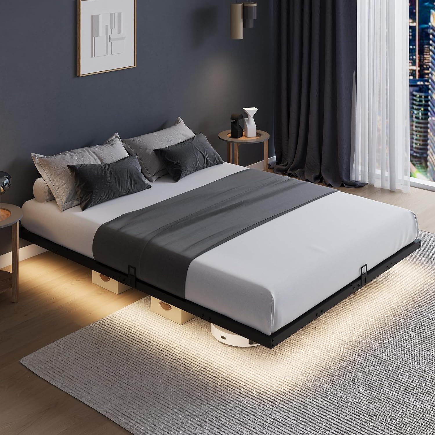 LEDライト付きの浮遊式プラットフォームベッドフレーム、モダ - Memory Foam Mattress In A Box Queen のレビューと価格